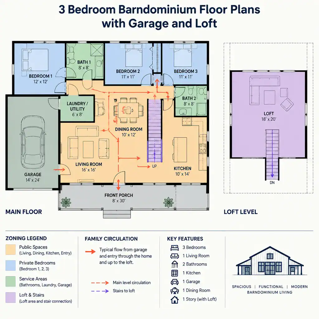 3 bedroom barndominium zoning diagram for privacy and circulation