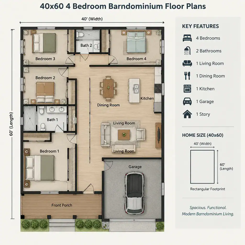 40x60 Barndominium Footprint Divided Into Private And Shared Zones
