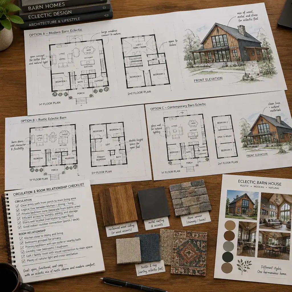 Annotated eclectic barn house blueprint review with design checklist