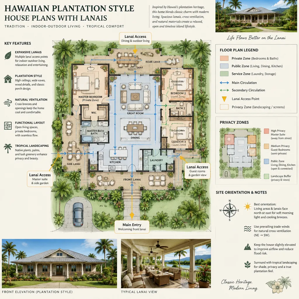 Annotated plantation house plan with lanai review checklist