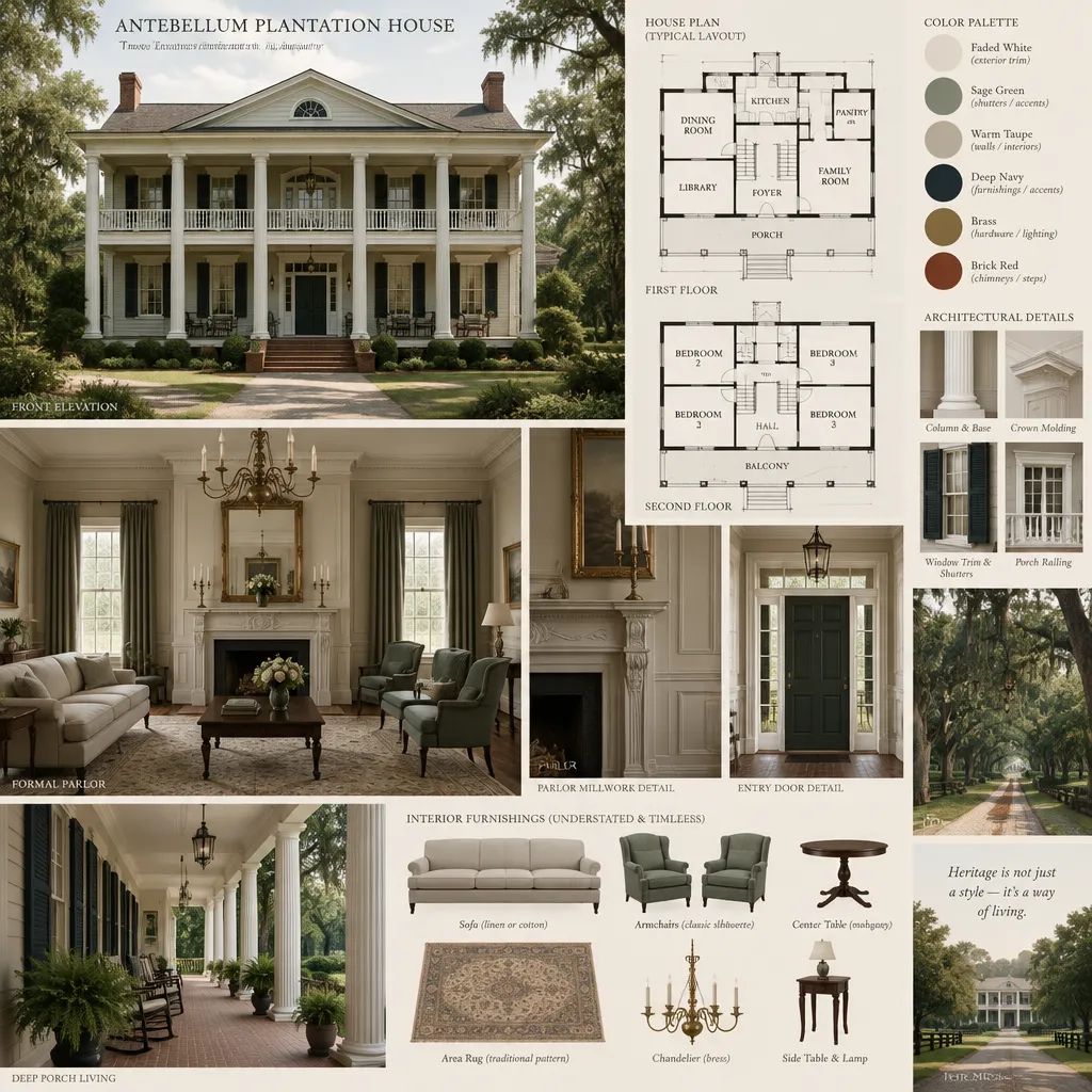 Antebellum-inspired plantation house exterior and formal parlor design details