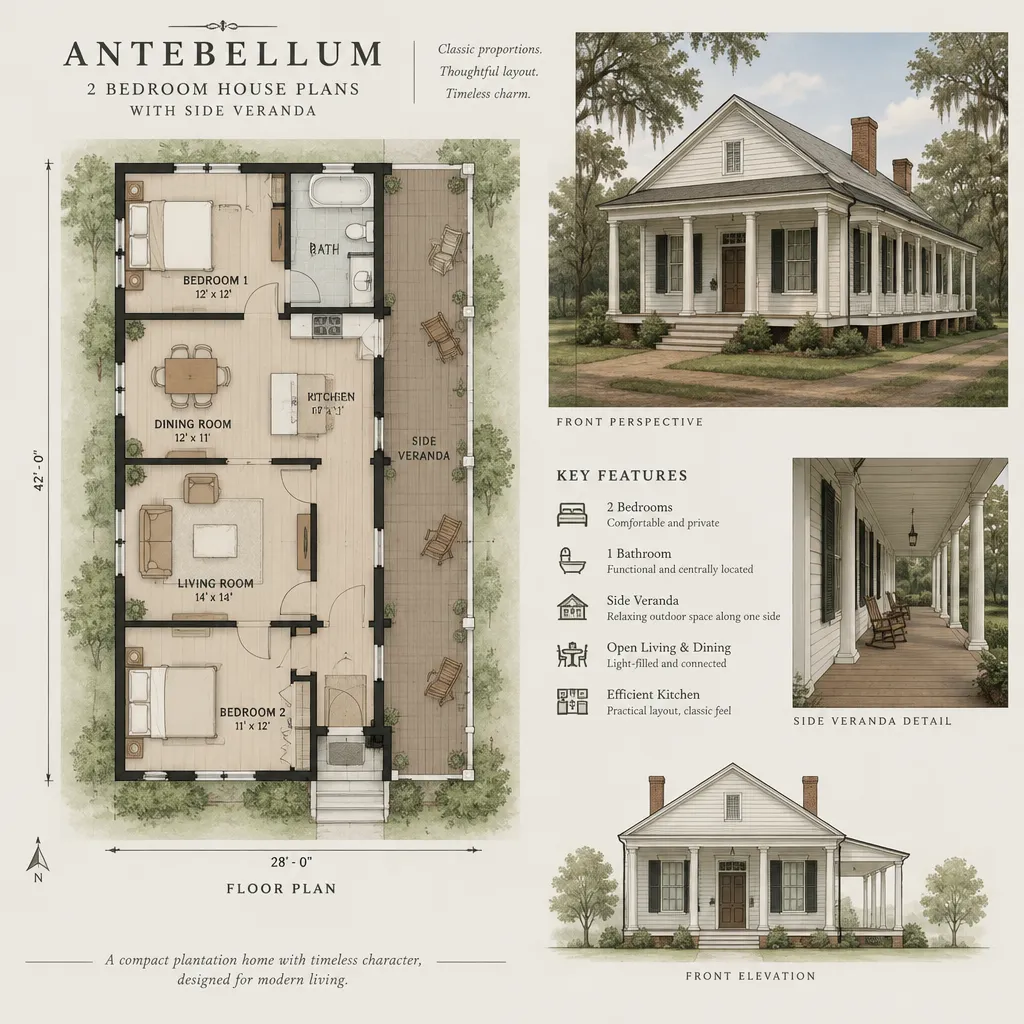 Antebellum 2 Bedroom House Plans With Side Veranda