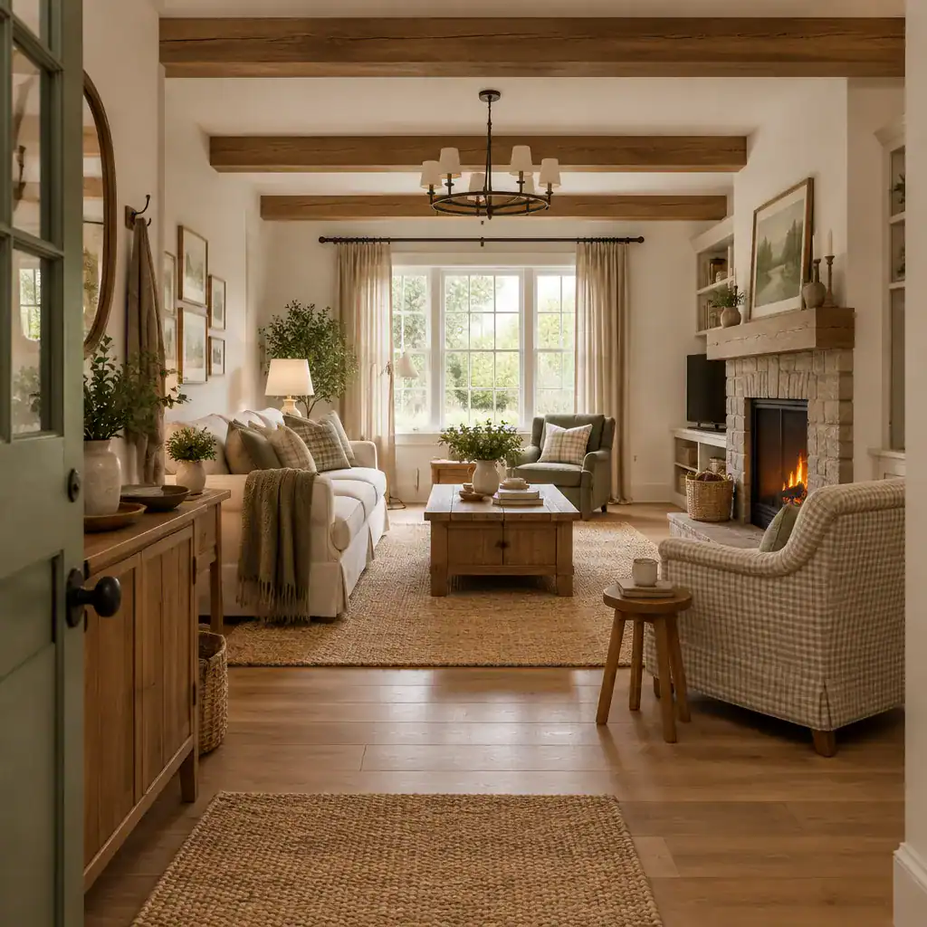 Balanced And Livable Cottage Living Room With Clear Circulation