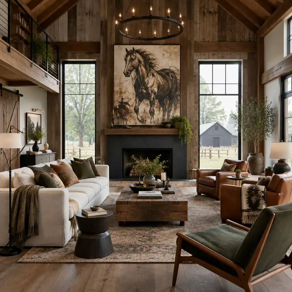 Balanced and livable eclectic barn house living room