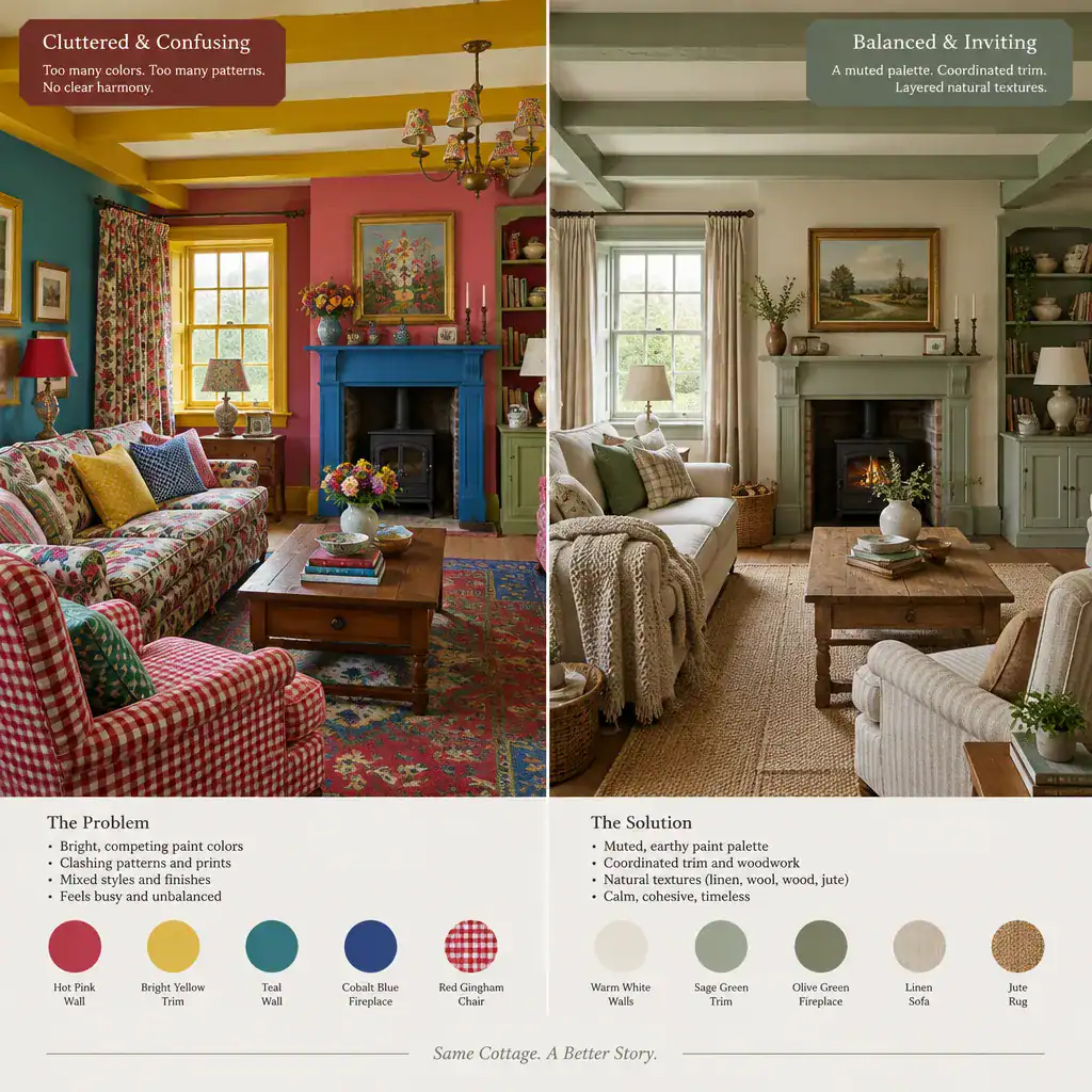 Balanced and mismatched English country cottage paint schemes compared