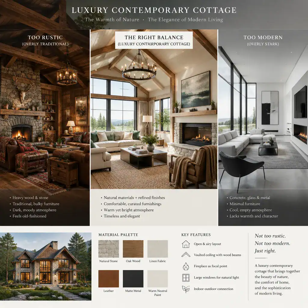 Balanced Contemporary Cottage Design Compared With Rustic And Stark Modern Interiors