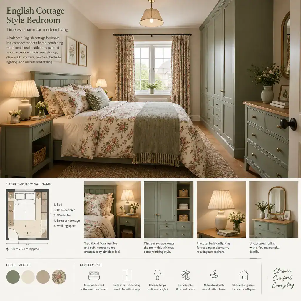 Balanced English cottage bedroom with practical storage and uncluttered styling