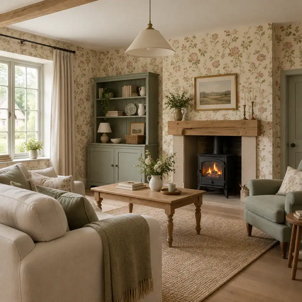 Balanced English country cottage room with traditional and modern elements