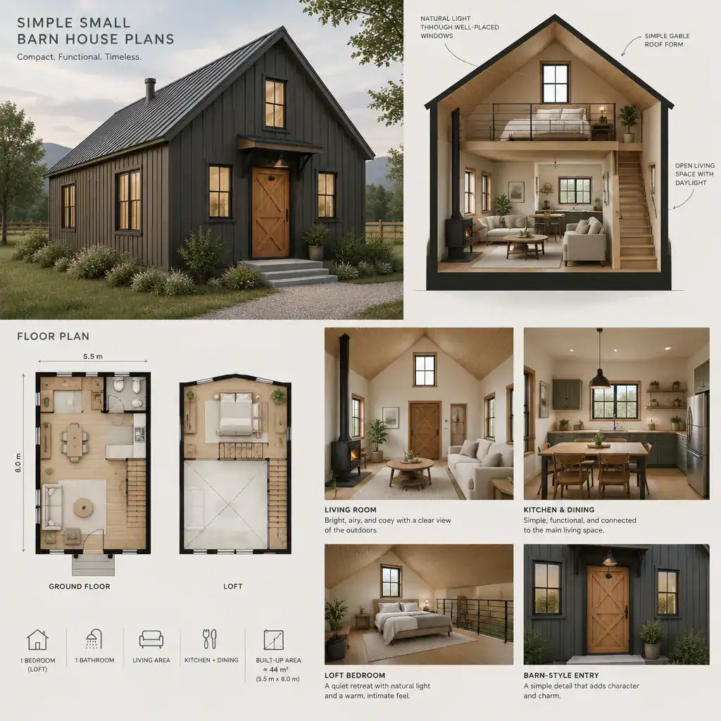 Barn-inspired exterior details and natural light in a small house
