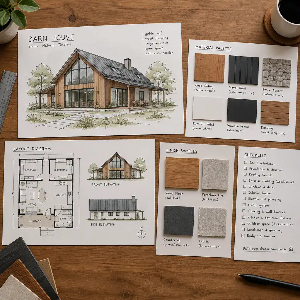 Barn house design planning board with sketches and material samples