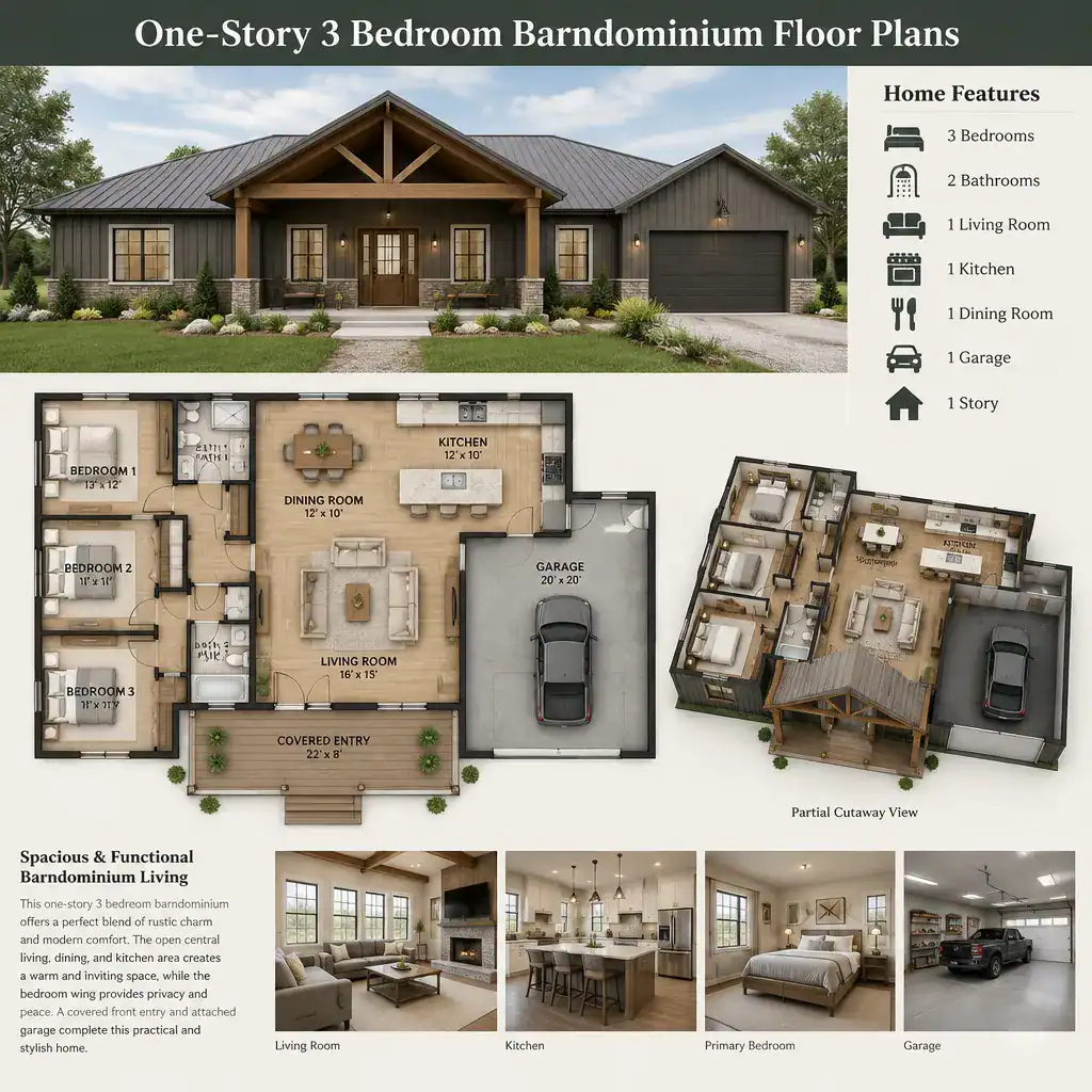 Barn-inspired exterior and layout concept for a one-story barndominium