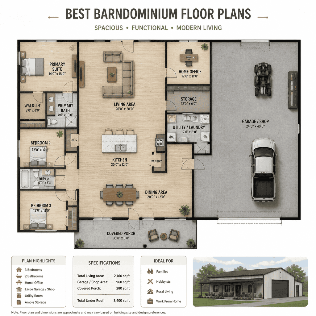 Barndominium floor plan organized by household activity zones