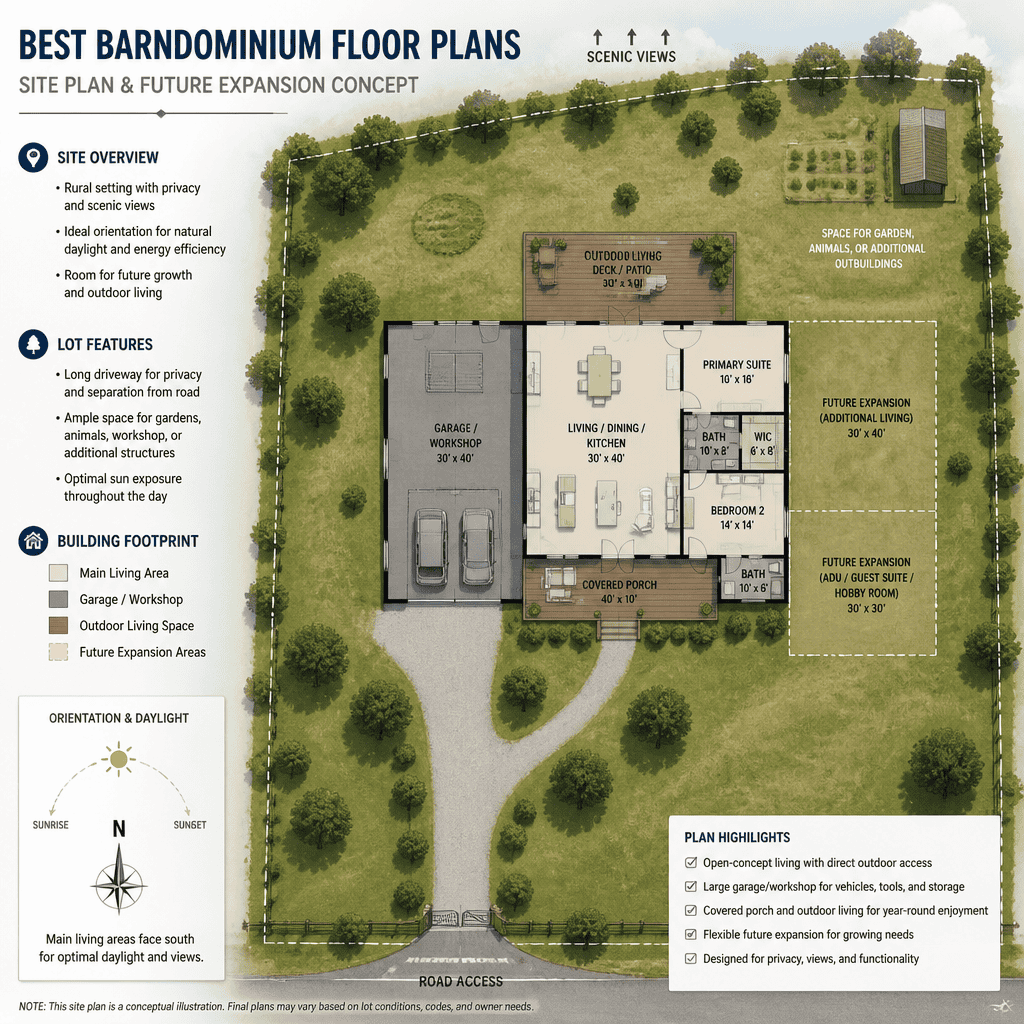 Barndominium floor plan positioned for site access and future flexibility