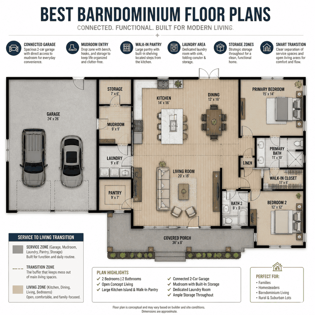 Barndominium floor plan with garage and practical storage zones