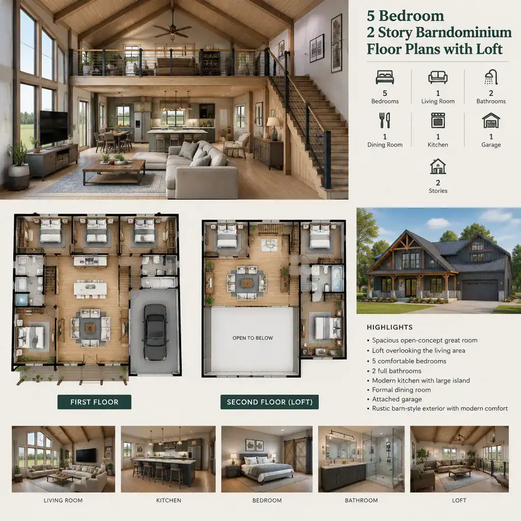 Barndominium great room with functional upper loft
