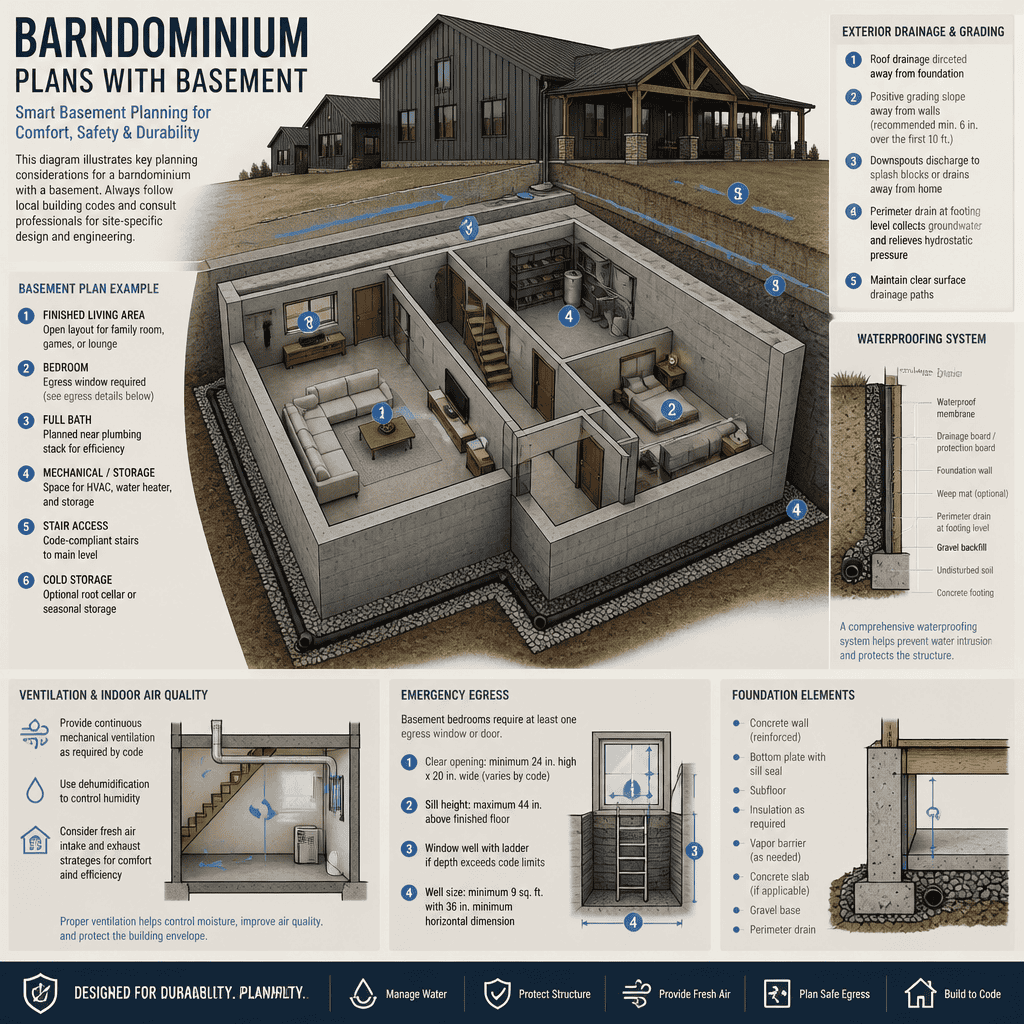 Basement planning diagram for drainage waterproofing and egress