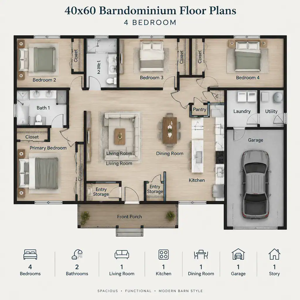 Bathroom Storage And Service Zoning In A Four Bedroom Barndominium