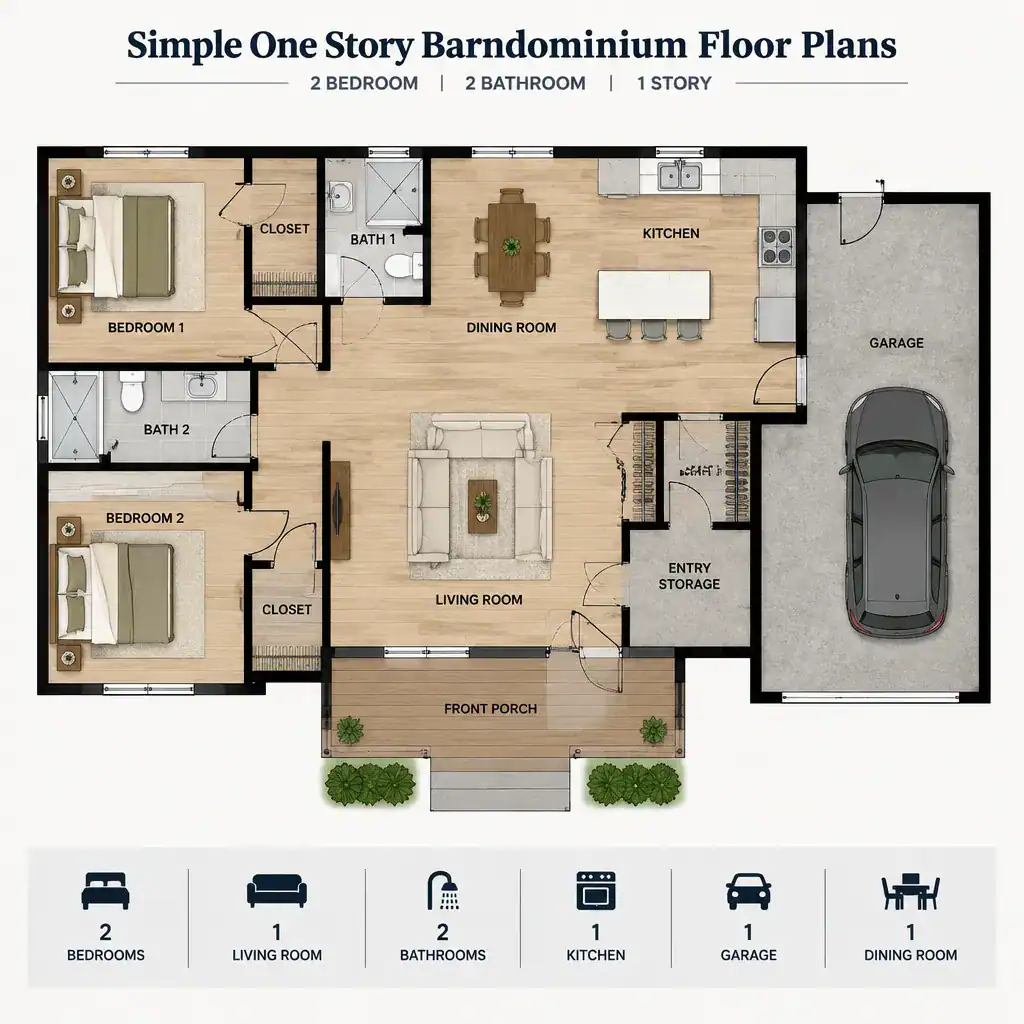 Bedroom Bathroom And Storage Zone In A One Story Barndominium Plan