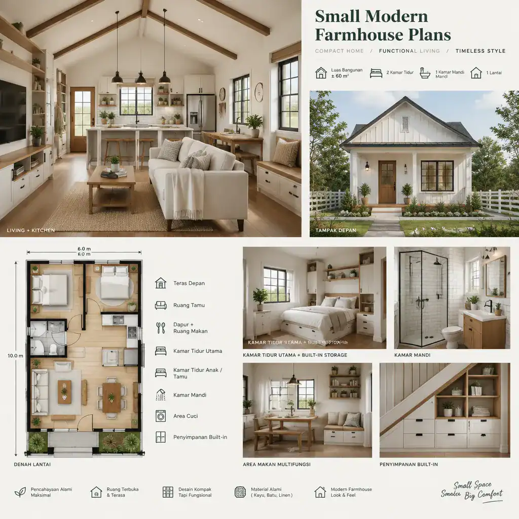 Bright compact modern farmhouse interior with built-in storage