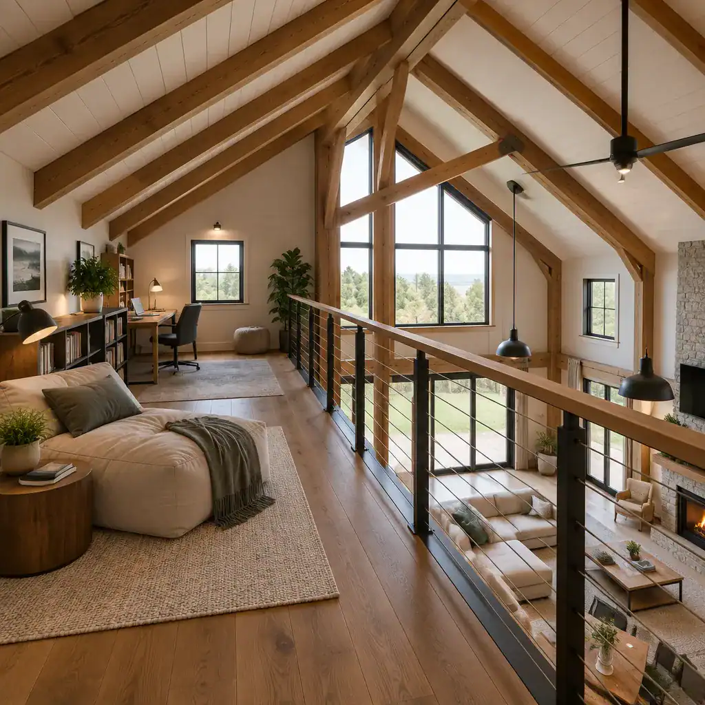 Bright modern barn house loft overlooking the living room