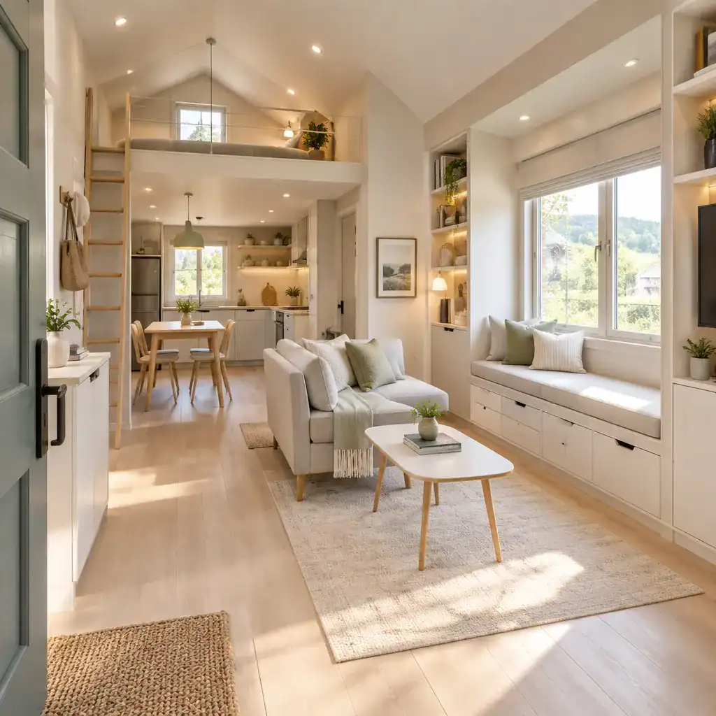 Bright Small Cottage Interior With Built In Storage