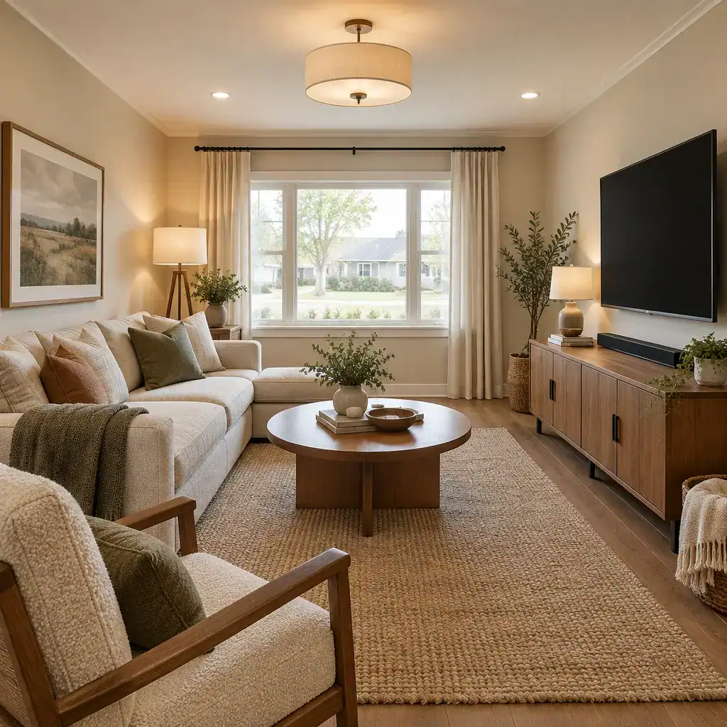 Bright small ranch living room with TV and layered lighting