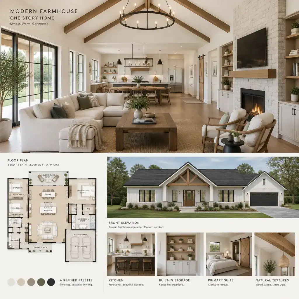 Bright modern farmhouse great room with practical storage and connected living spaces