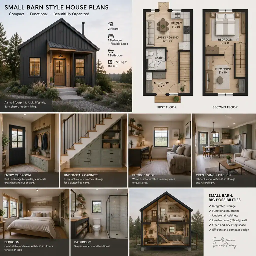 Built-in storage and flexible nook in a small barn-style house