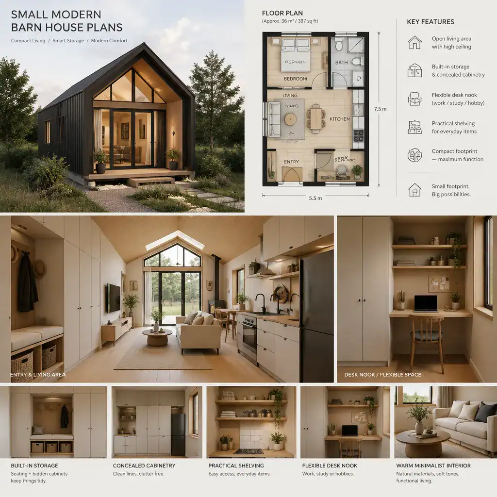 Built-in storage and flexible workspace in a small barn house