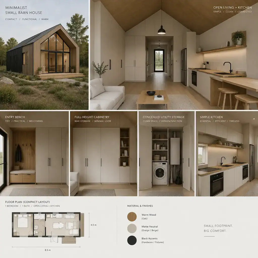 Built-in storage and minimalist kitchen in a small barn house