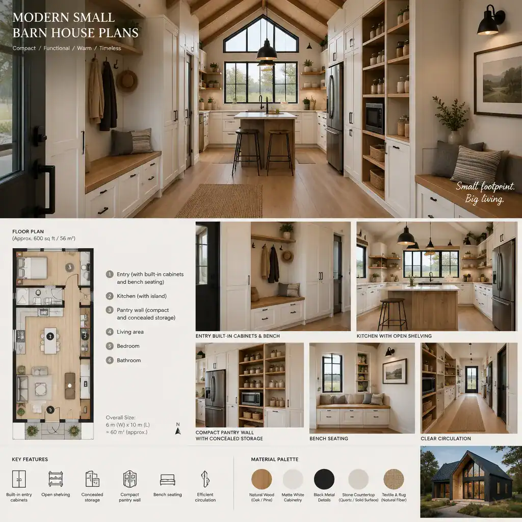 Built-in storage in a compact modern barn house