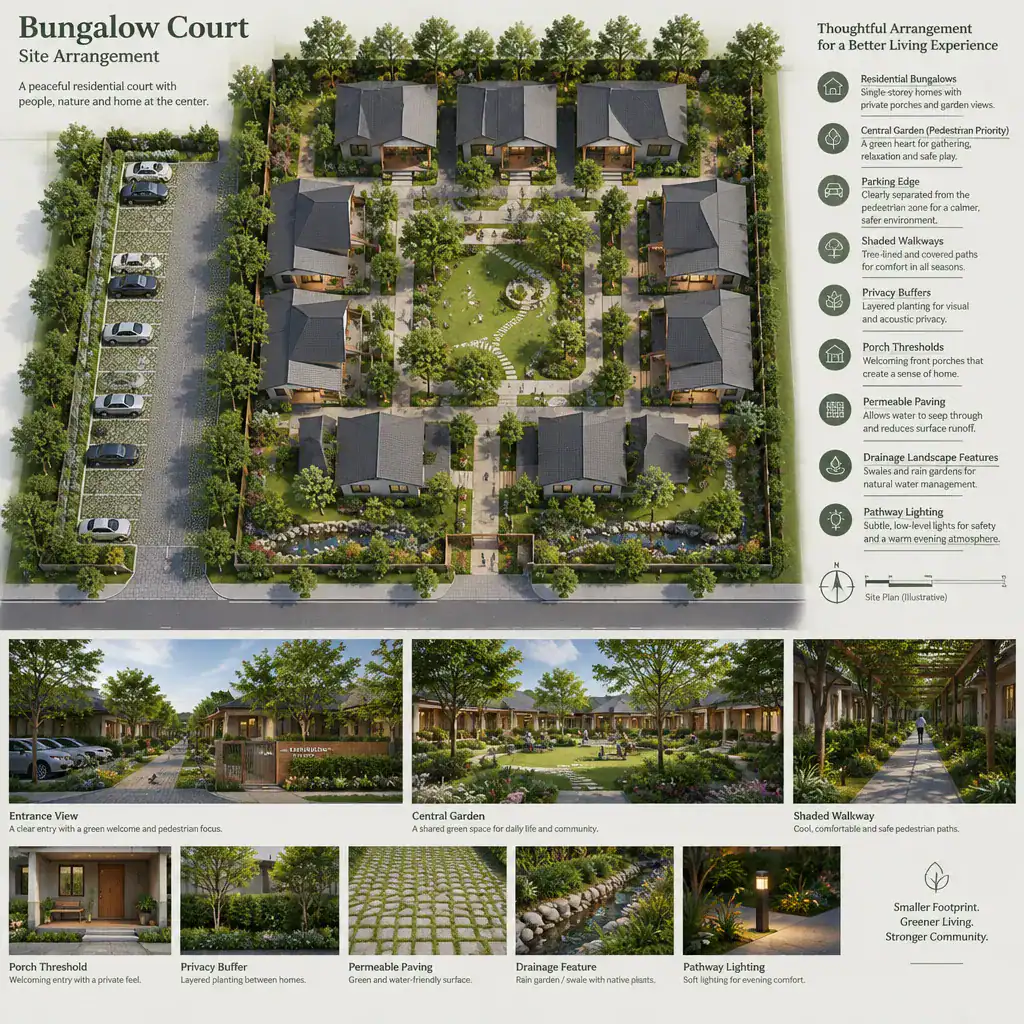 Bungalow court balancing paths parking privacy and landscaping