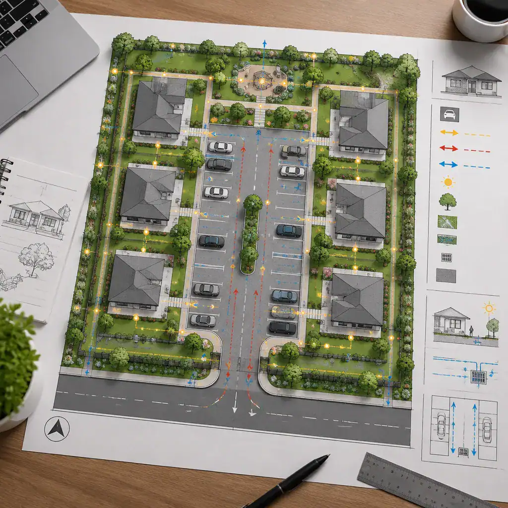 Bungalow court parking plan reviewed for access landscape and drainage
