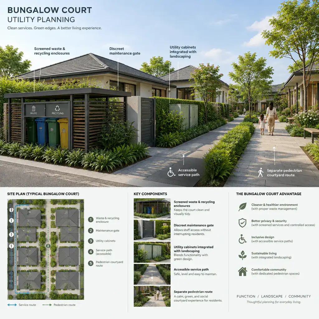 Bungalow court service access and waste area