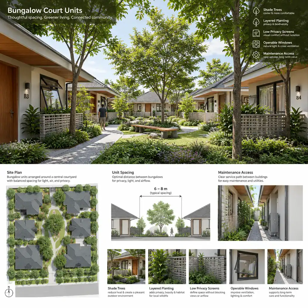 Bungalow court with daylight, ventilation, and landscape buffers