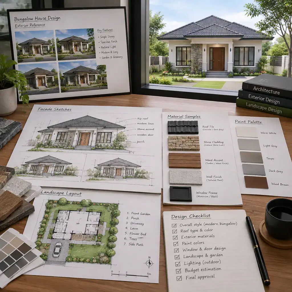 Bungalow exterior design planning with material samples and facade sketches