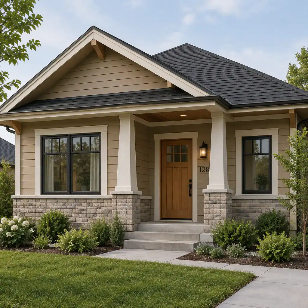 Bungalow exterior with coordinated siding, trim, masonry, and wood accents