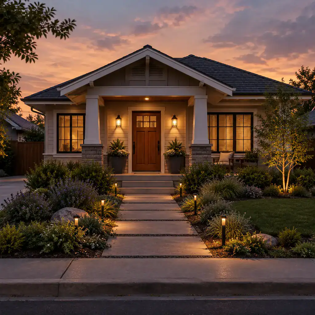 Bungalow exterior with layered landscaping and welcoming pathway lighting