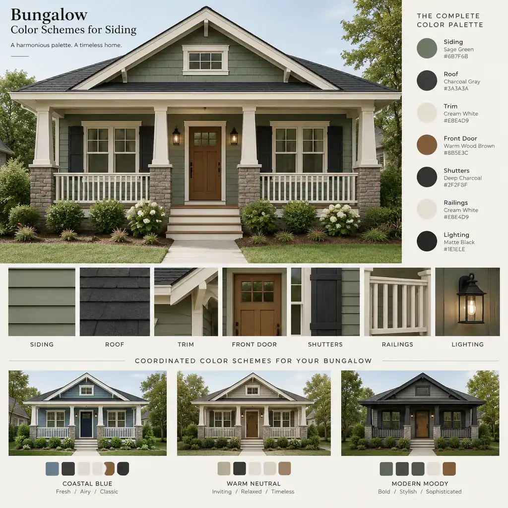 Bungalow facade showing coordinated siding roof trim and door colors