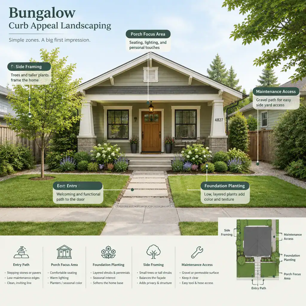 Bungalow front yard landscaping plan with defined zones