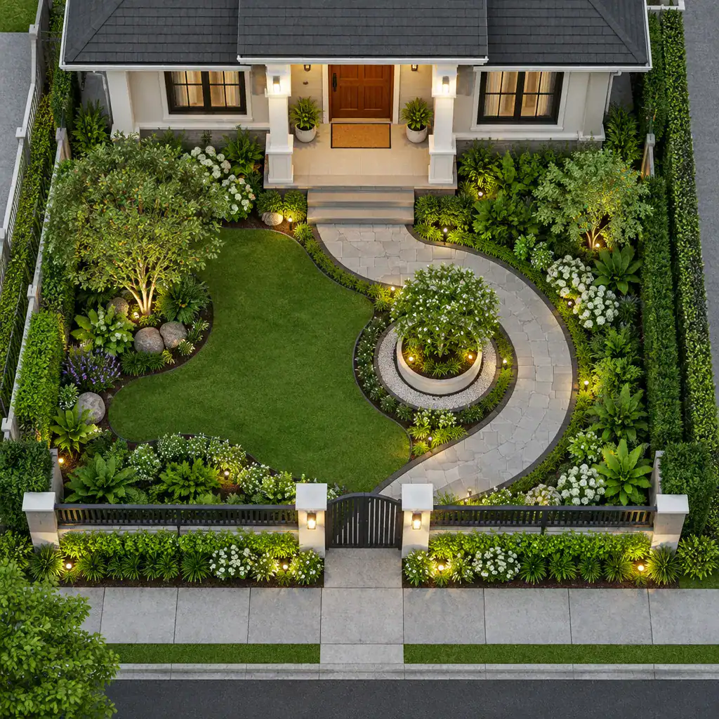 Bungalow garden entrance layout planning concept