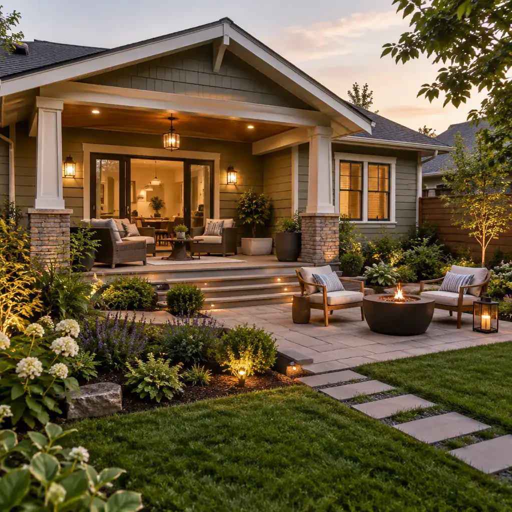 Bungalow porch and patio connected to a layered garden