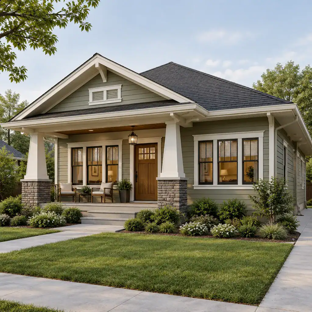 Bungalow porch with coordinated roof eaves, door, and windows