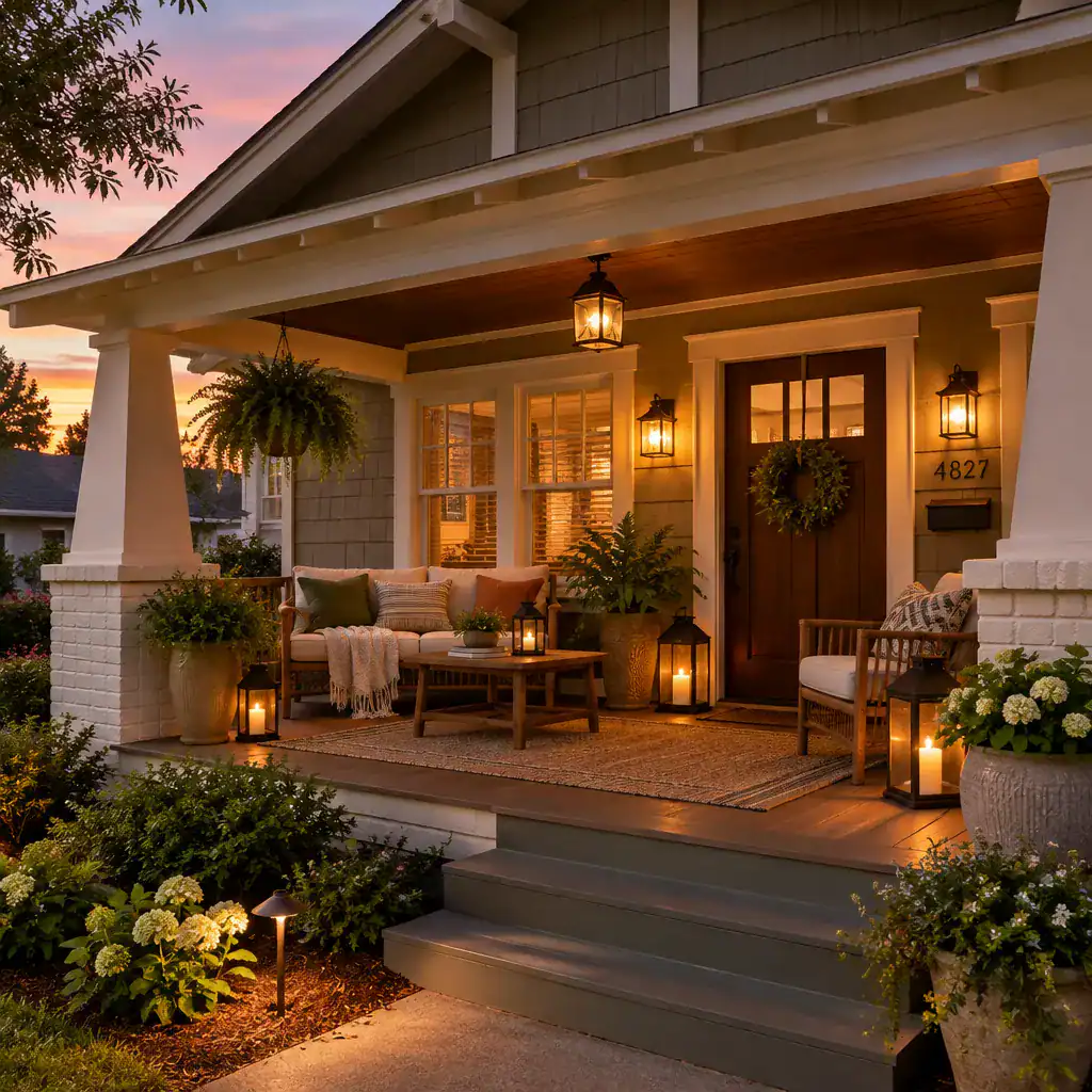 Bungalow porch with layered lighting and textured accessories