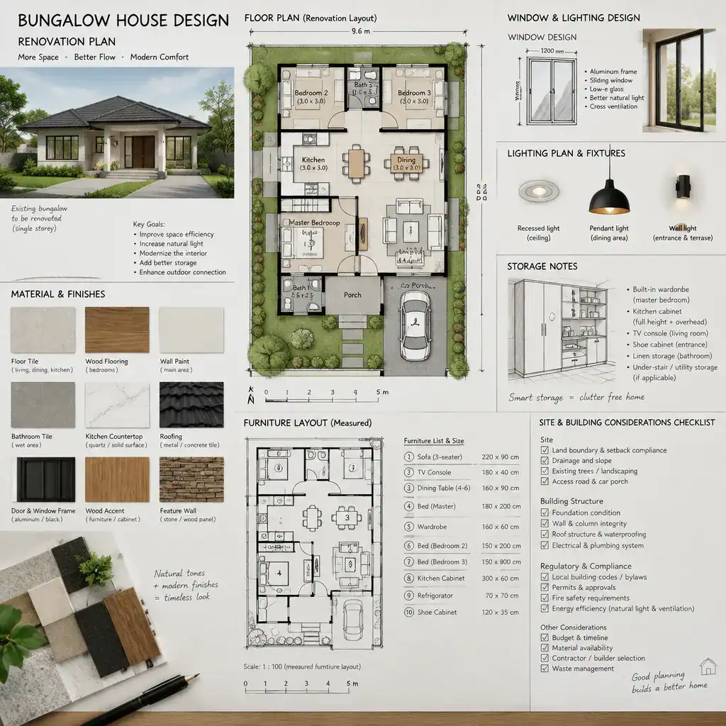 Bungalow renovation planning workspace with floor plan and material samples