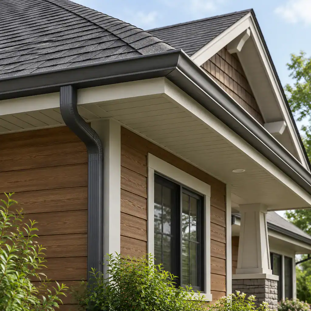 Bungalow roof edge with coordinated trim and drainage details