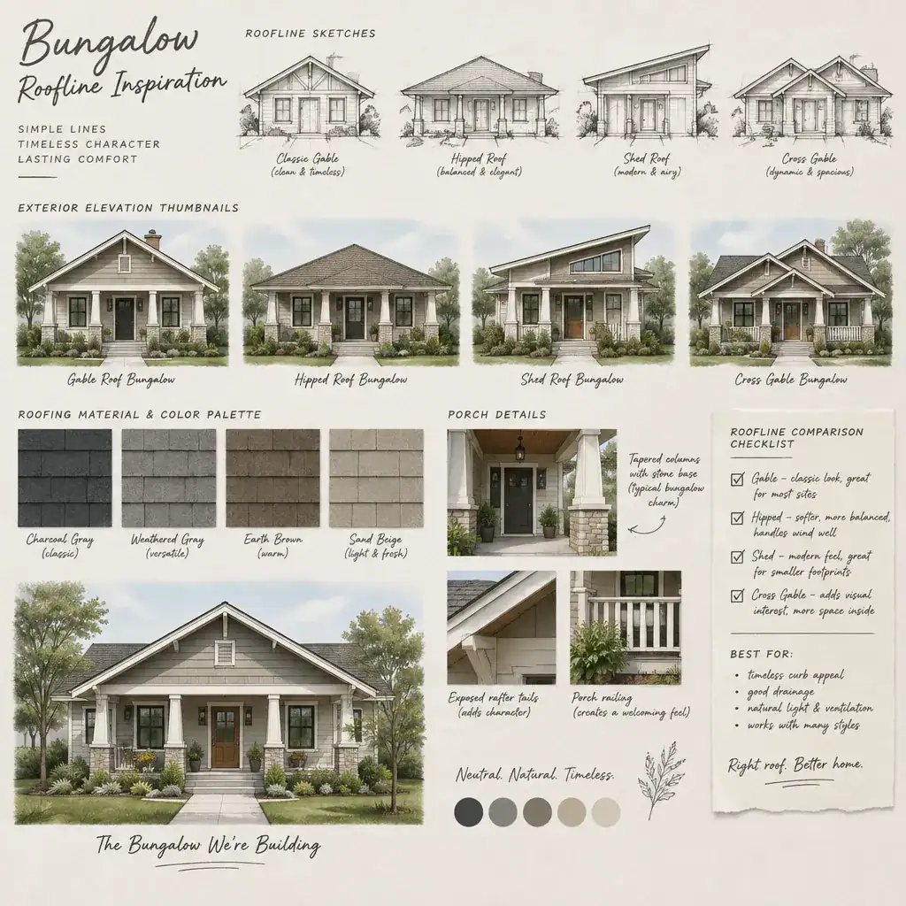 Bungalow roofline mood board with sketches and material samples