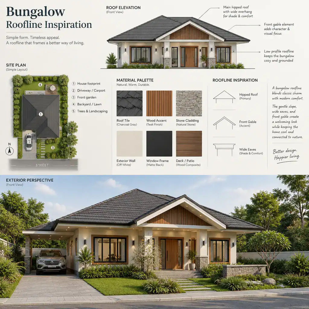 Bungalow roofline planning with site and material references