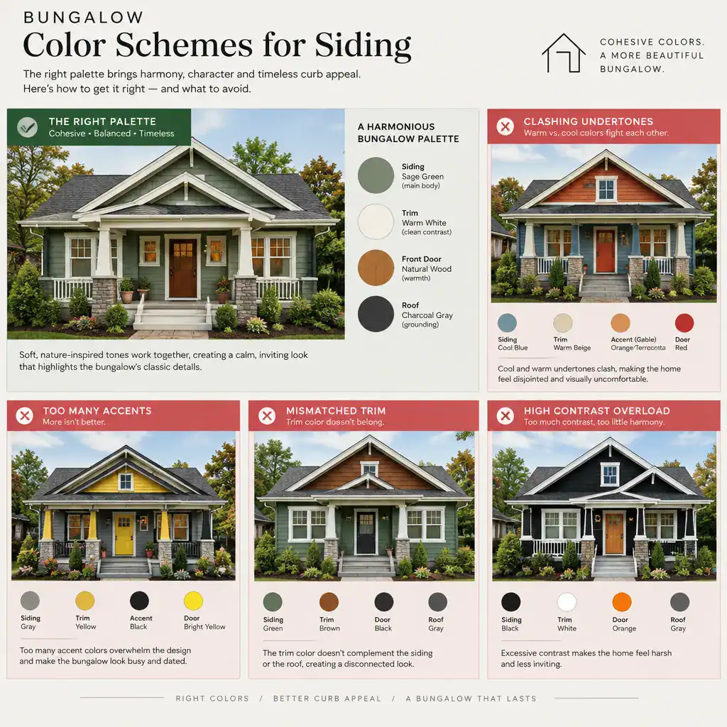 Bungalow siding color comparison showing cohesive and mismatched palettes