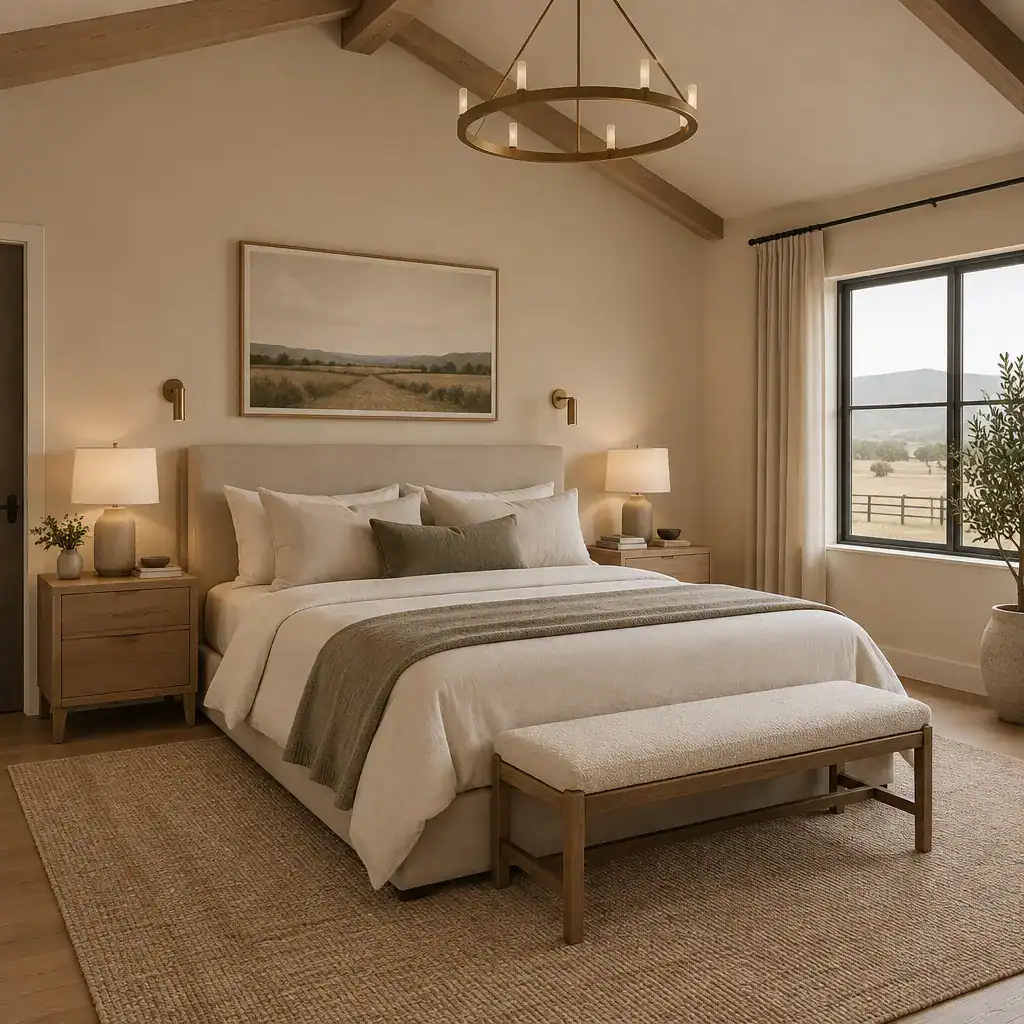 Calm modern ranch house bedroom with warm neutral decor